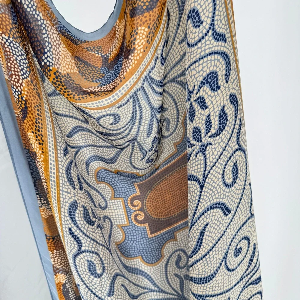 100% Silk Scarf Mosaic Print Bohemian Grandmacore Earth Tones Elegant Accessory